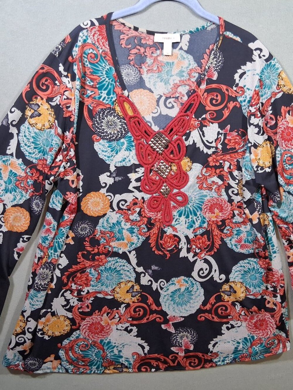 Womens 2X Dress Barn Tunic Black/Red/Teal Embellished Romance Feminine Butterfly